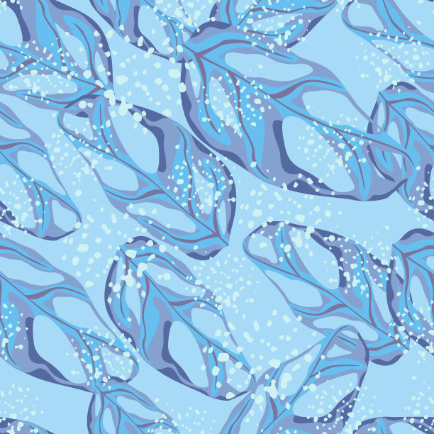 随机怪物叶装饰无缝图案。蓝色背景与飞溅。植物的明亮的打印。图片下载