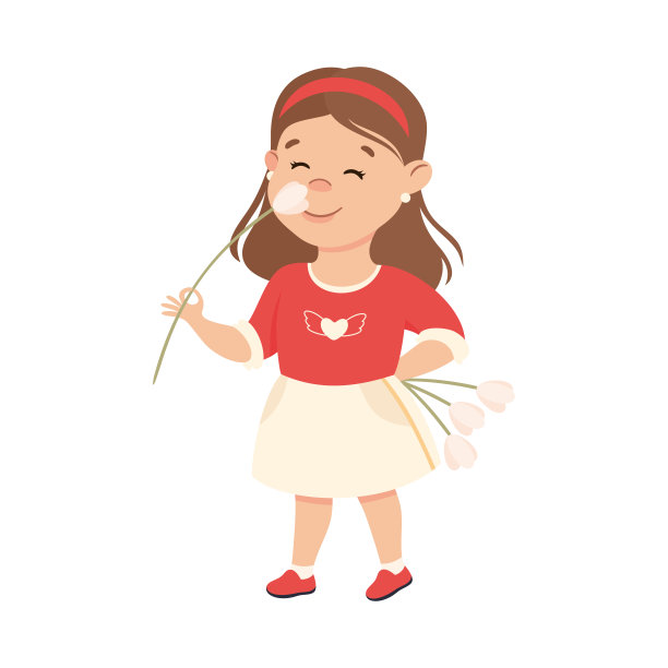 可爱的女孩与花束郁金香花，可爱的孩子性格与浪漫的感情符号，快乐的情人节概念卡通矢量插图图片下载