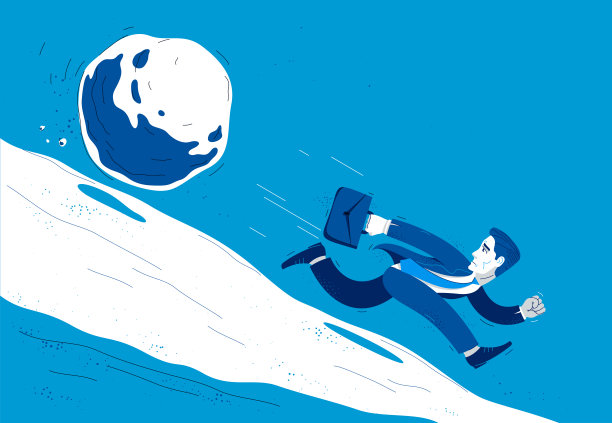 商人从一块石头跑开象征问题如债务危机或税收矢量插图，滑稽漫画可爱卡通商人工人或员工在匆忙。图片下载