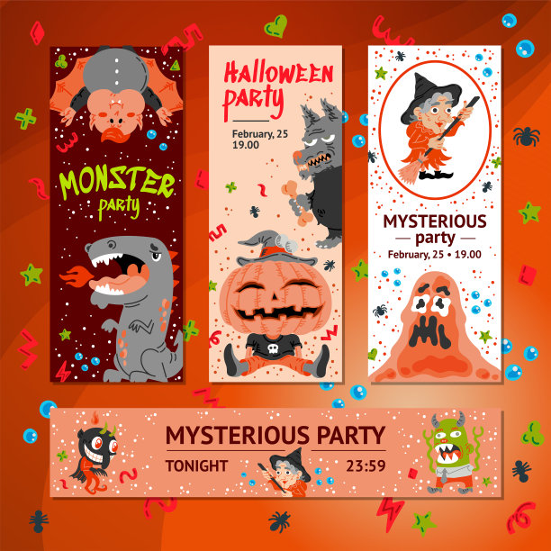 万圣节卡通人物竖版/横版banner、网页标题模板。手绘怪物、龙、鼻涕虫、狼、恶魔、南瓜、吸血鬼、女巫。图片下载