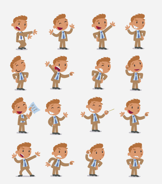 卡通人物商人在时尚休闲风格。设置不同的姿势，姿态和姿势，做不同的活动在孤立的矢量插图。图片下载