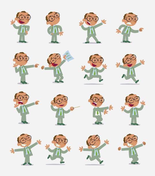 卡通人物商人在时尚休闲风格。设置不同的姿势，姿态和姿势，做不同的活动在孤立的矢量插图。图片下载
