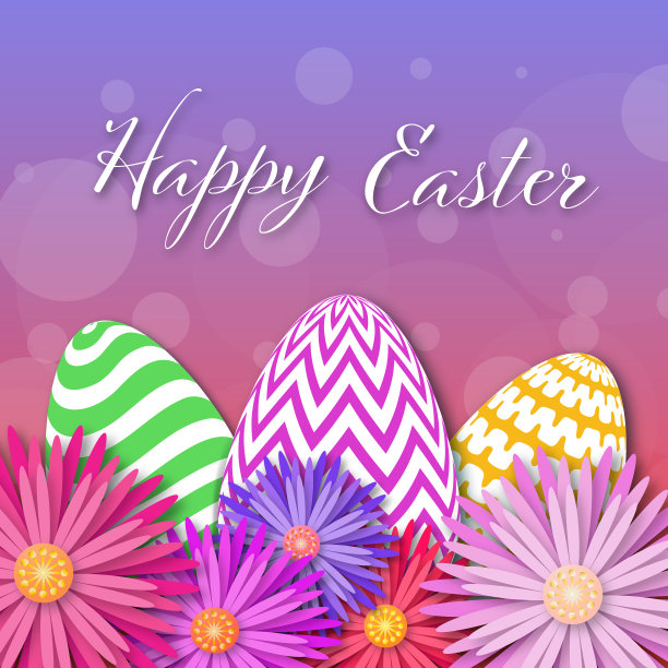 以散景为背景的剪纸彩蛋和鲜花复活节卡片图片下载