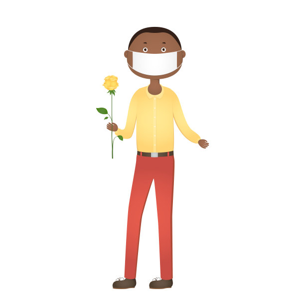戴着口罩的非裔美国男子拿着玫瑰的卡通矢量插画图片下载