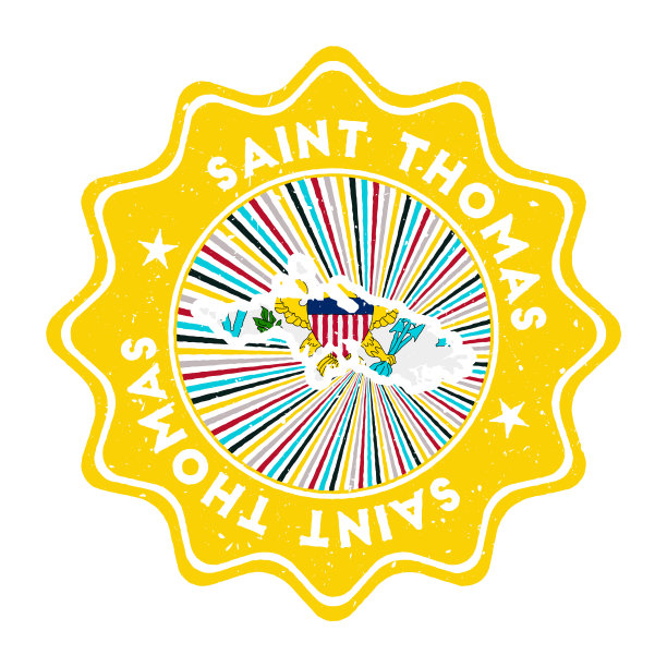 圣托马斯圆形垃圾邮票与岛屿地图和国旗。图片下载
