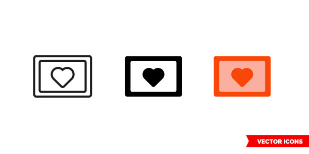 3种类型的婚纱照图标，彩色，黑白，轮廓。孤立向量符号符号图片下载