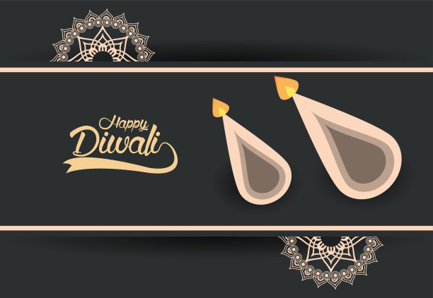 用两支蜡烛、鸟瞰和金色曼荼罗庆祝排灯节快乐图片下载