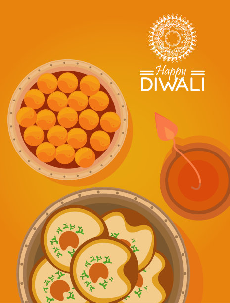 黄色背景下的蜡烛和食物庆祝排灯节快乐图片下载