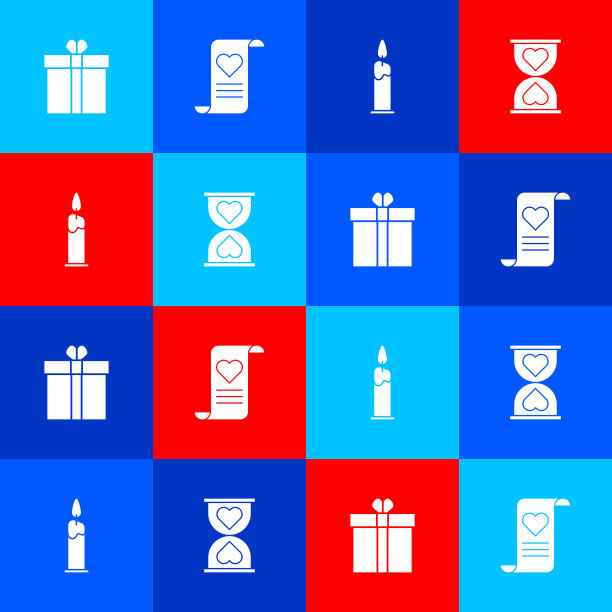 集礼盒和心，信封与情人节，燃烧的蜡烛和心的中心沙漏图标。向量图片下载