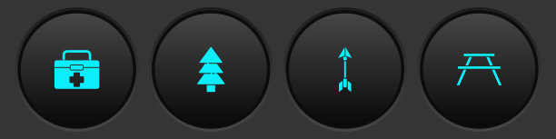 设置急救箱，树，潮人箭头和野餐桌长椅图标。向量图片下载