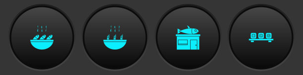 将鱼汤，虾汤，海鲜店和寿司放在砧板图标上。向量图片下载