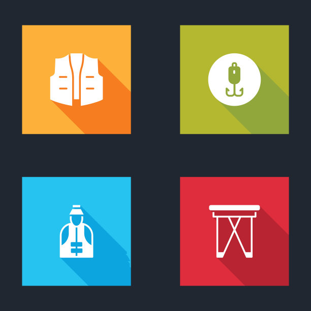 设置钓鱼夹克，钩，渔民和折叠椅图标。向量图片下载