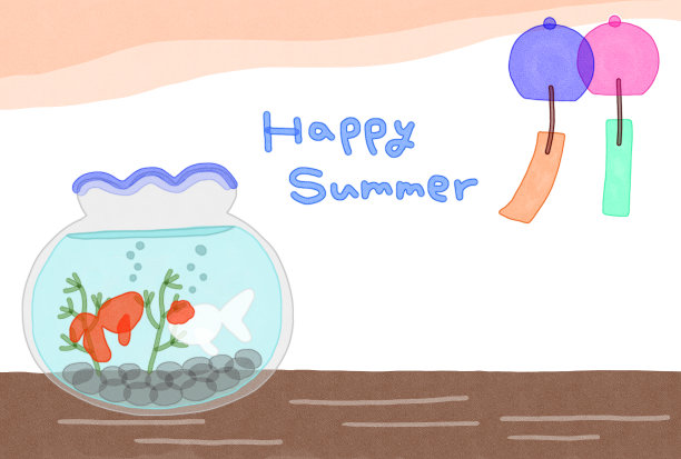 金鱼和风铃夏日快乐夏日贺卡图片下载