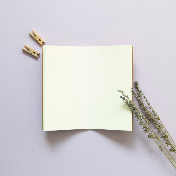 紫色背景上有薰衣草花的空笔记本。俯视图，复制空间图片下载