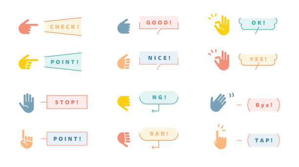 各种手势的一组图标和插图以及与之相关的语音气泡和框架。图片下载
