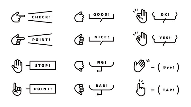 各种手势的一组图标和插图以及与之相关的语音气泡和框架。图片下载
