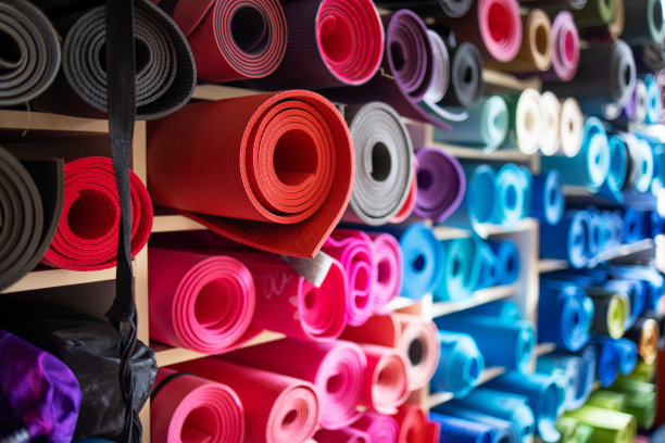 红色的瑜伽垫卷在架子上，和其他各种颜色的垫子放在一起图片下载