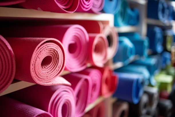 健身房储藏室架子上的粉色和蓝色瑜伽垫图片下载