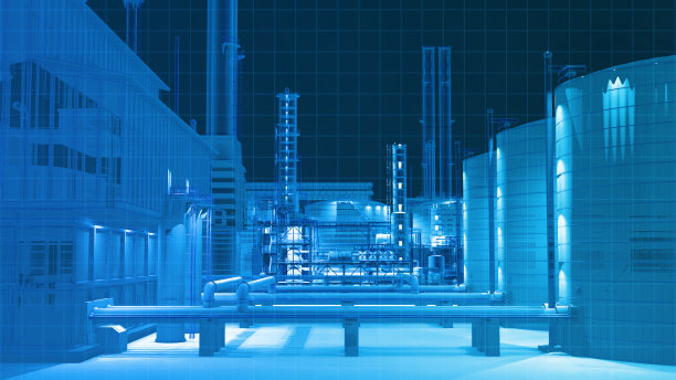 数字线框扫描视图从红外相机在黑暗中扫描炼油厂厂房建筑，3D渲染为背景合成。图片下载