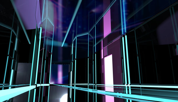 霓虹灯风格的黑色房间与led条纹的3d透视图。图片下载