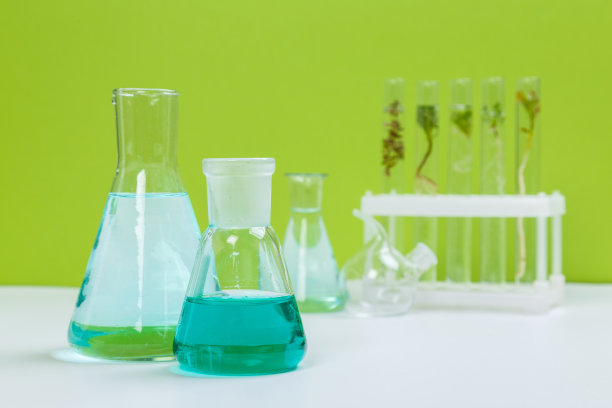 各种实验室玻璃产品和天然成分在化妆品实验室的白色桌上图片下载