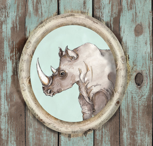 Safari动物水彩画肖像在椭圆形木制框架上的木制划伤垃圾背景图片下载