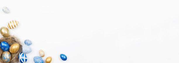 复活节用金蓝色装饰蛋在巢中孤立在白色背景为网旗。最小的复活节的概念。复活节快乐卡片与文本复制空间。顶视图,flatlay图片下载