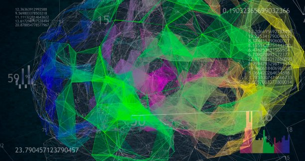 低多边形的大脑三维模型在黑色的背景与动画数字和图表。三维演示图片下载