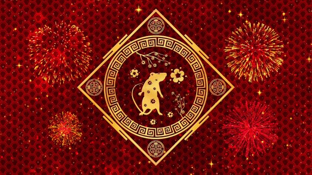 红色春节背景与黄金，老鼠，烟花，闪烁的星星三维渲染。魔幻新年快乐动画图片下载