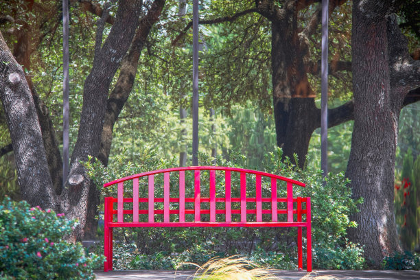 明亮的红色金属长凳坐在树下的镜像建筑反射的树木，很难分辨哪个是真实的，哪个是反射-模糊和选择性聚焦图片下载