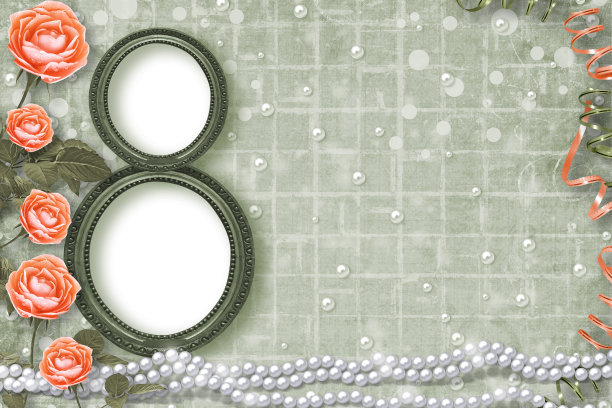 节日贺卡与珍珠，框架和美丽的桃子玫瑰在棕色纸的背景图片下载
