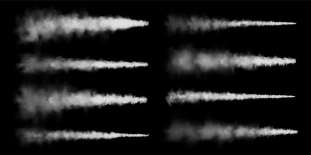 逼真的飞机凝结痕迹。太空火箭发射。导弹或子弹痕迹。喷气式飞机的痕迹。白烟云，雾。蒸汽流量。矢量图图片下载