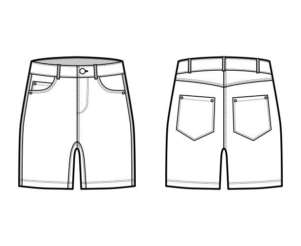 牛仔短裤技术时尚插图与中大腿长度，低腰，上升，弯曲，硬币，角度5口袋图片下载