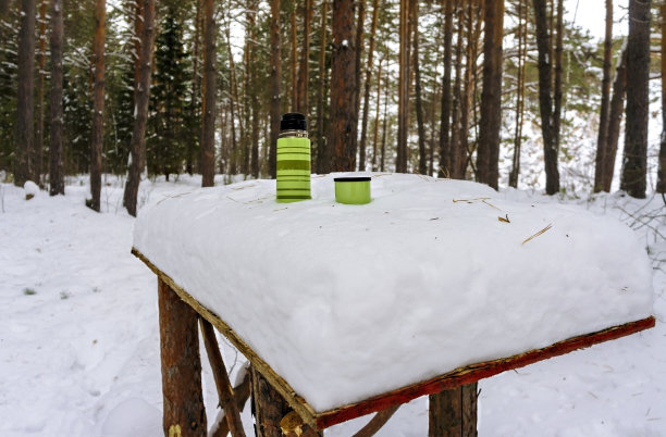 在森林里的一张木桌上，有绿色条纹的保温瓶立在雪地里。喝茶，冬天远足图片下载
