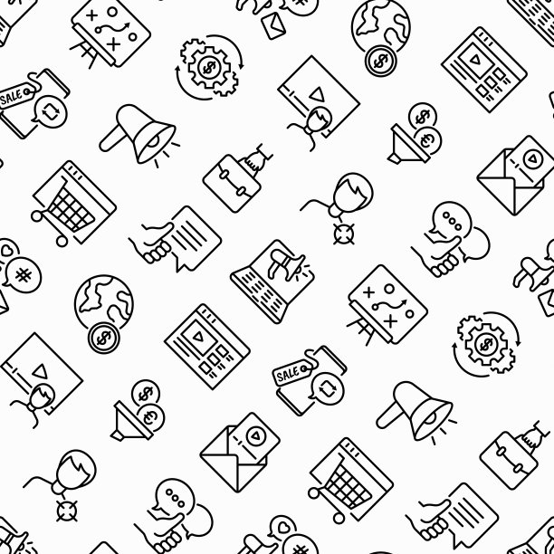 商业营销与细线图标无缝模式:数字营销，在线购物，广告，社交媒体，电子邮件营销，视频博客，反馈，策略，公文包。矢量插图。图片下载