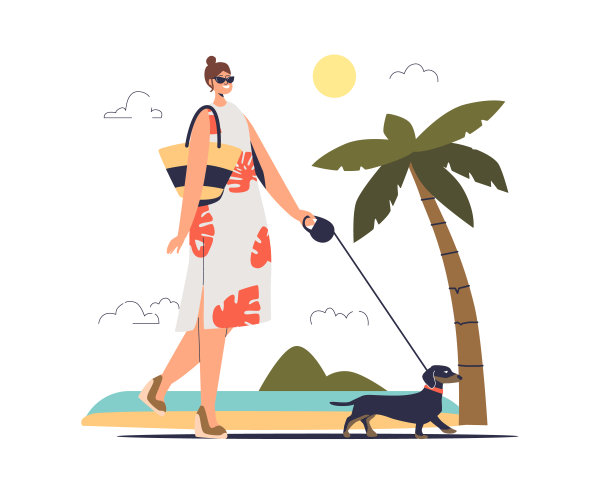 在棕榈树的背景下，一个女人牵着狗在夏天的街道上散步图片下载