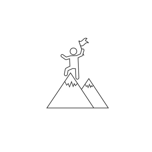 站在山顶的商人举着旗帜，胜利与成功的商业理念，线条图标设计矢量插图图片下载