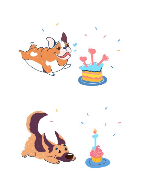 插图“狗有一个生日”。可爱的牛头犬奔向节日蛋糕。一只德国牧羊犬正准备吃一个生日蛋糕。有趣的卡通向量与小狗。在白色背景上隔离图片下载