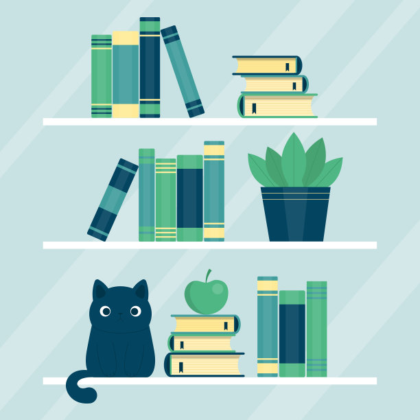 书架上有书和一只猫。学习观念，热爱阅读。图书馆。矢量插图在平面卡通风格图片下载