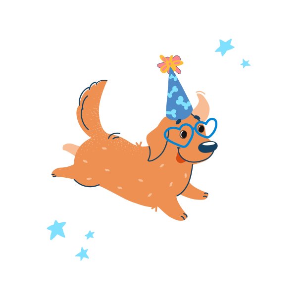 有趣的拉布拉多在跑步。可爱的小狗戴着节日帽和心形眼镜。卡通风格的寻回犬。矢量插图关于狗在一个聚会孤立在白色图片下载