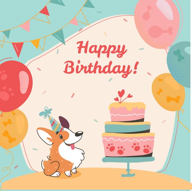 矢量明信片卡通风格，与节日的题词。生日贺卡和有趣的柯基。小狗旁边是一个蛋糕，五颜六色的气球，五彩纸屑在一个灯光背景。图片下载