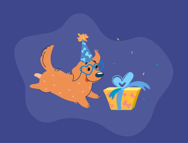 米色拉布拉多犬奔向礼物。可爱的小狗戴着节日帽和心形眼镜。矢量插图的小狗在一个聚会，孤立的蓝色
背景。卡通风格的寻回犬。图片下载
