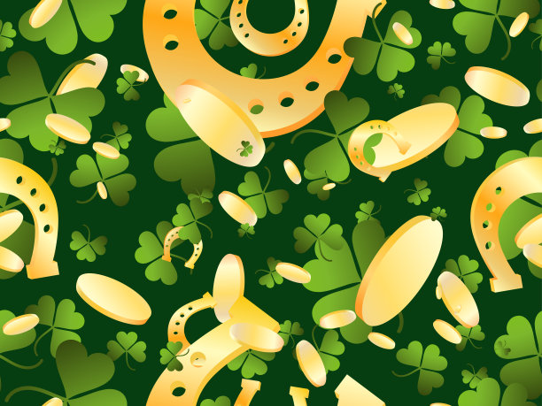 金币和三叶草与黄金马蹄铁无缝图案的圣帕特里克节。节日背景的广告产品，明信片和印刷。矢量图图片下载