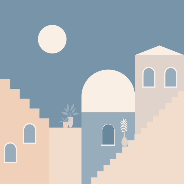 老城极简主义波西米亚插画。波荷夏季老城用楼梯图案为旅行社设计宣传单、夏季生日贺卡、度假派对广告等图片下载