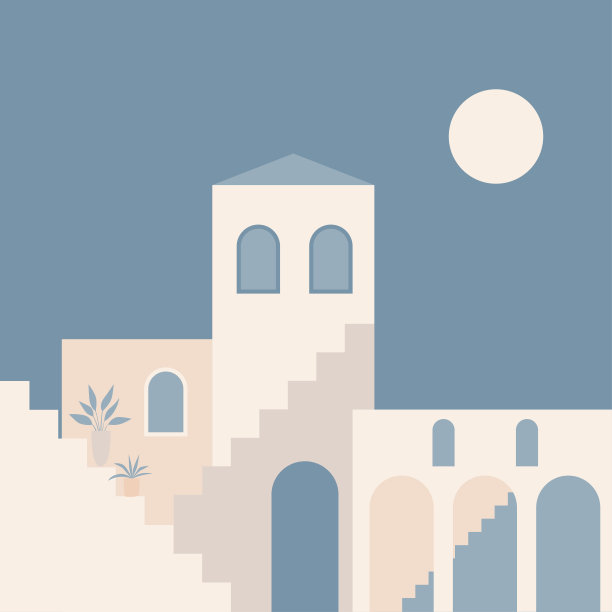 老城极简主义波西米亚插画。波荷夏季老城用楼梯图案为旅行社设计宣传单、夏季生日贺卡、度假派对广告等图片下载