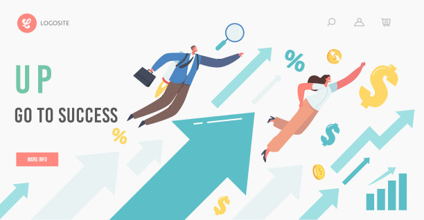 上到成功登陆页面模板。商业人物的性格成长，飞向金融成功与上升的箭图片下载