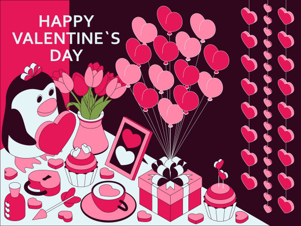 快乐的情人节背景与可爱的等距元素。贺卡和爱的模板图片下载