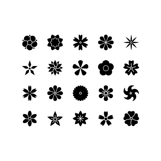 花线图标设置。美丽的花园植物-郁金香，洋甘菊，向日葵，玫瑰，康乃馨。图标隔离在白色背景，为网站和应用程序图片下载