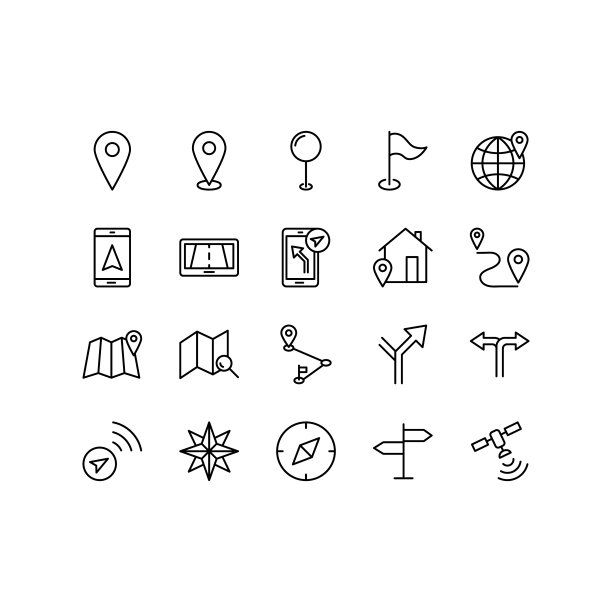 导航，制图和地形图图标集。地图，位置，路线，GPS，导航，方向，交通等等。矢量插图。可编辑的中风图片下载