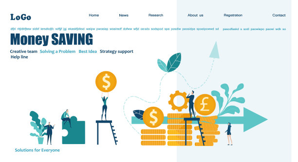 平面设计网站或应用程序页面模板。金融服务、银行业务、战略规划、发展、业务解决方案、咨询、市场研究、团队合作、数据分析、支持、安全图片下载